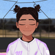The character Akarsha stands smiling, eyes closed, no doubt after saying something ridiculous that she passed off as enlightened wisdom, while wearing a baseball uniform and standing on a baseball field.
